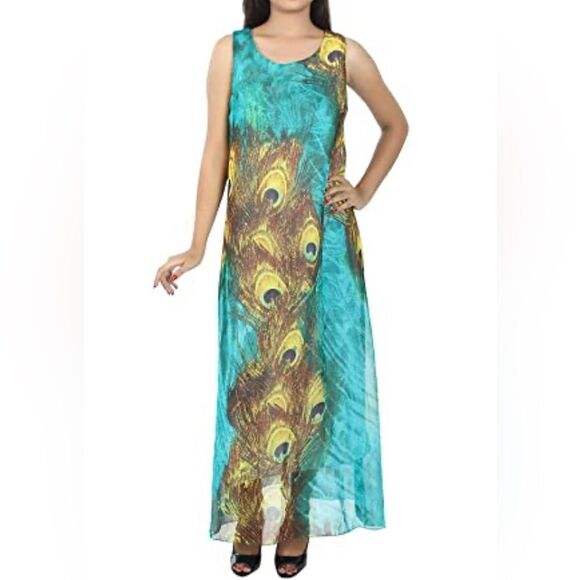 Stunning PEACOCK Feather Animal Print Sleeveless Chiffon Maxi Shift Kaftan Dress - Picture 1 of 9